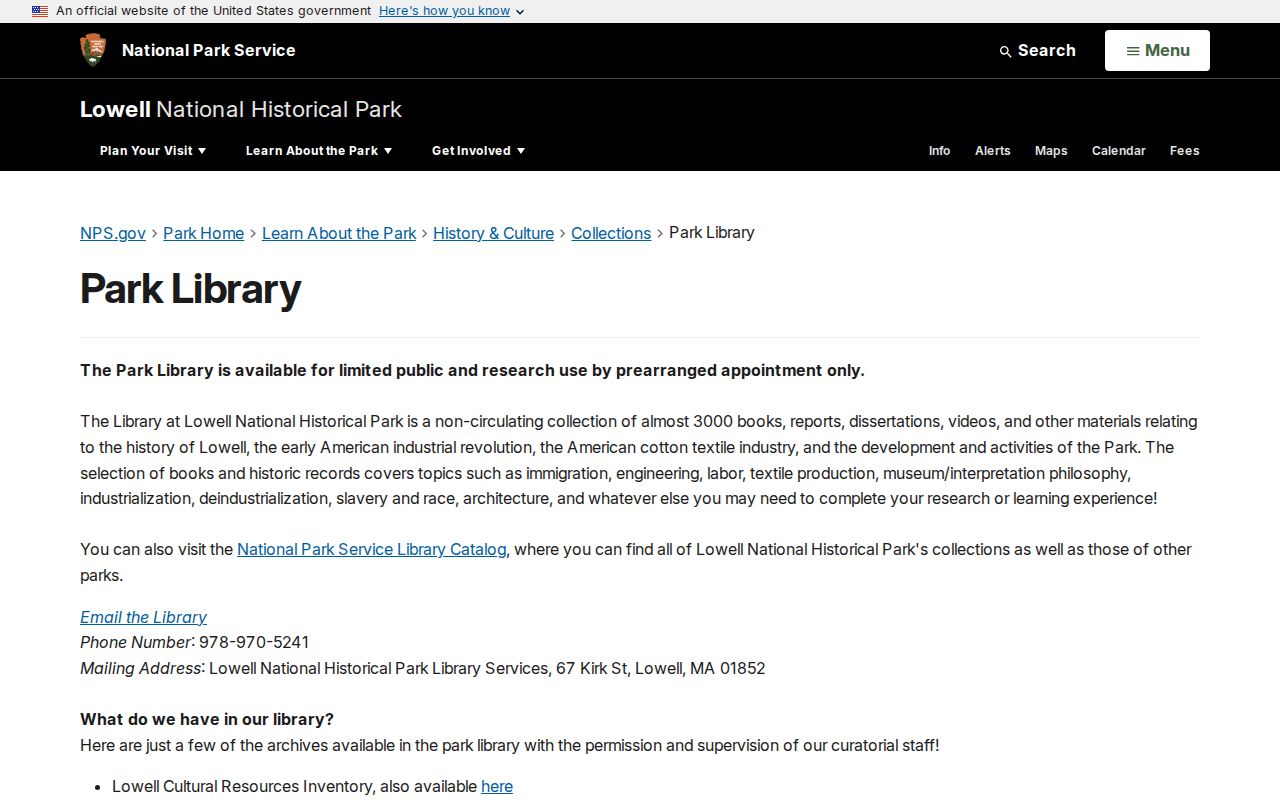 Lowell city directory collection information at the appointment-only NPS Park Library