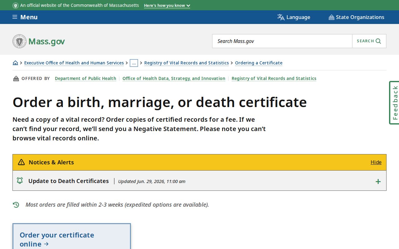 Lowell resident lookup through the Massachusetts RVRS vital-record ordering page