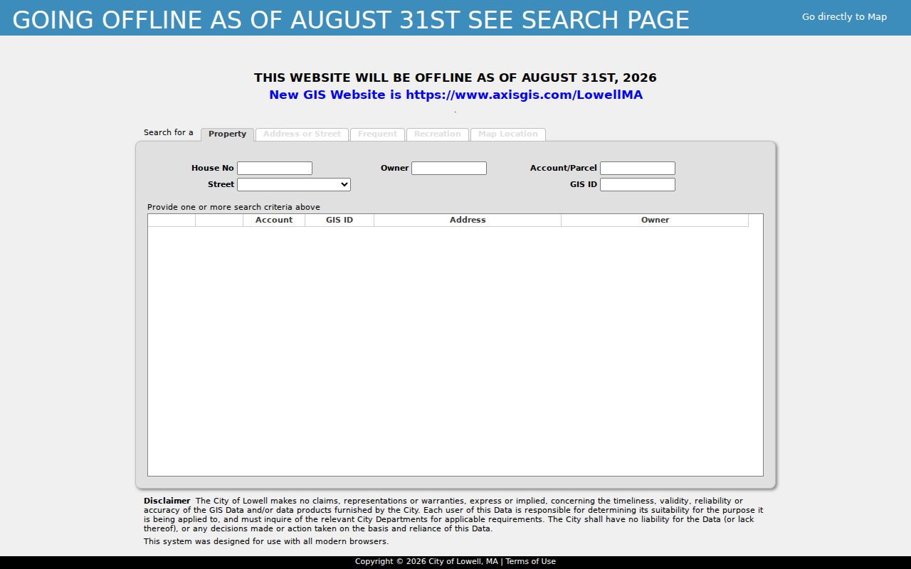 Lowell street directory legacy GIS search fields for house number, street, owner, parcel, and GIS ID