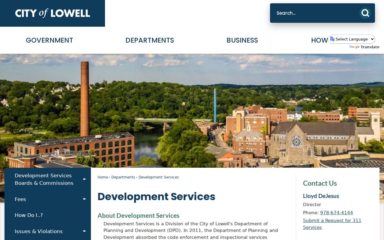Lowell street directory Development Services page for permits, code enforcement, and address-based records